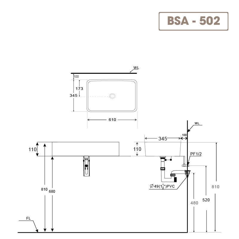Chậu lavabo vuông đặt bàn Basics BSA-502 5
