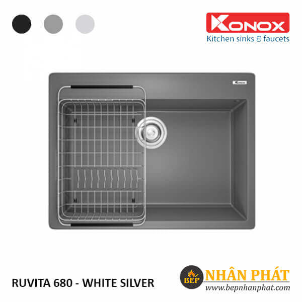 Chậu Rửa Chén Đá Granite Konox Ruvita 680 White Silver/Black/Grey 5